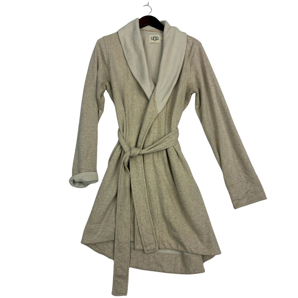 UGG Womens L Beige Heather Shawl Collar Fleece Robe Belted Cotton Blend Cozy